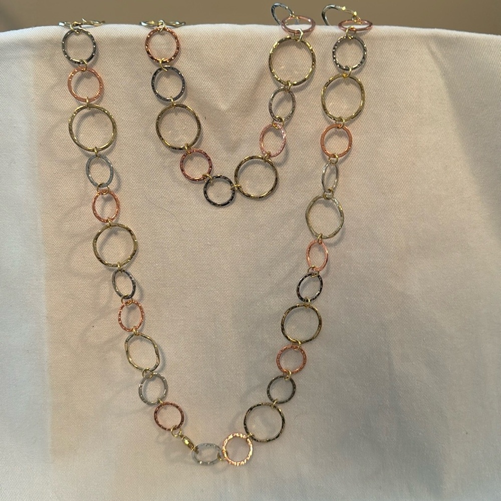 Gold, silver, and rose gold necklace, intended for doubling.